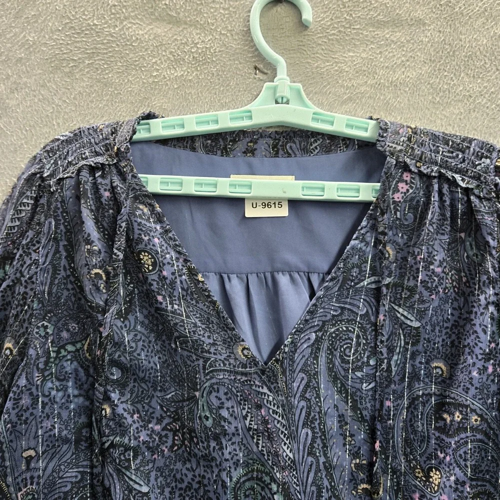 Lucky‎ Brand Women Blouse L Blue Paisley Sheer Chiffon Bubble Hem